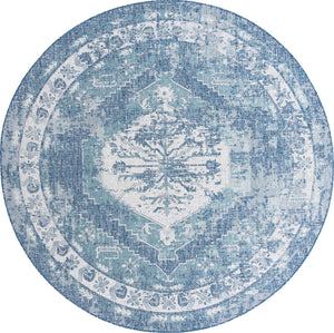 Blue 10' x 10' Outdoor Traditional Round Area Rug Weather Resistant for Patio, Deck, Terrace, Balcony, Porch Classical Design Outside Carpet for Sale at Rug Engine