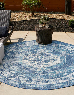 Blue 10' x 10' Outdoor Traditional Round Area Rug Weather Resistant for Patio, Deck, Terrace, Balcony, Porch Classical Design Outside Carpet for Sale at Rug Engine