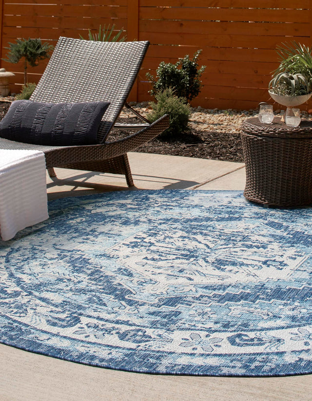 Blue 3' 1 x 3' 1 Outdoor Traditional Round Area Rug Weather Resistant for Patio, Deck, Terrace, Balcony, Porch Classical Design Outside Carpet for Sale at Rug Engine