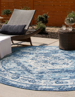 Blue 7' 10 x 7' 10 Outdoor Traditional Round Area Rug Weather Resistant for Patio, Deck, Terrace, Balcony, Porch Classical Design Outside Carpet for Sale at Rug Engine