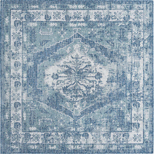 Blue 7' 10 x 7' 10 Outdoor Traditional Square Area Rug Weather Resistant for Patio, Deck, Terrace, Balcony, Porch Classical Design Outside Carpet for Sale at Rug Engine
