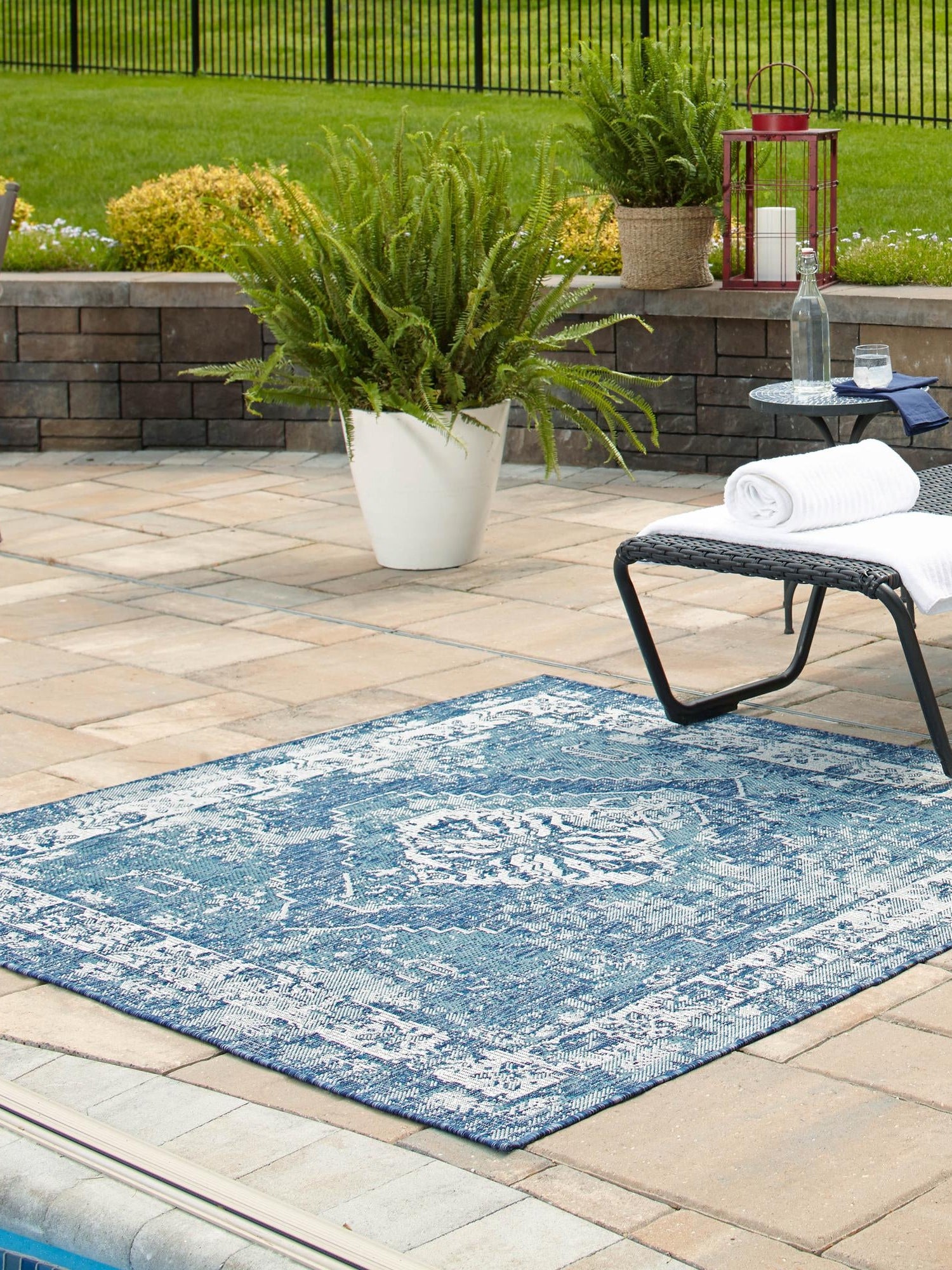 Blue 5' 3 x 5' 3 Outdoor Traditional Square Area Rug Weather Resistant for Patio, Deck, Terrace, Balcony, Porch Classical Design Outside Carpet for Sale at Rug Engine