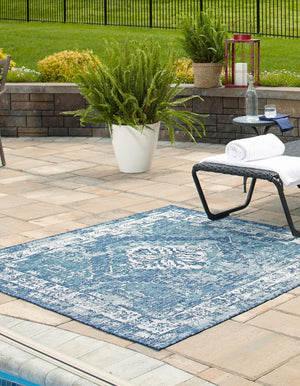 Blue 7' 10 x 7' 10 Outdoor Traditional Square Area Rug Weather Resistant for Patio, Deck, Terrace, Balcony, Porch Classical Design Outside Carpet for Sale at Rug Engine