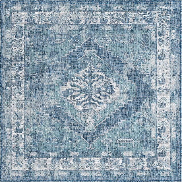 Blue 5' 3 x 5' 3 Outdoor Traditional Square Area Rug Weather Resistant for Patio, Deck, Terrace, Balcony, Porch Classical Design Outside Carpet for Sale at Rug Engine
