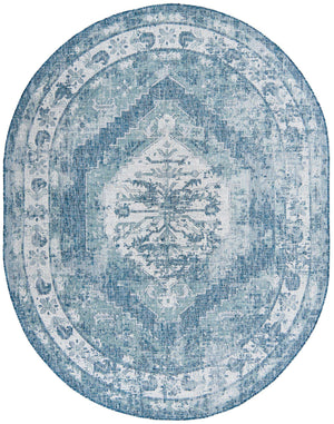 Blue 7' 10 x 10' Outdoor Traditional Oval Area Rug Weather Resistant for Patio, Deck, Terrace, Balcony, Porch Classical Design Outside Carpet for Sale at Rug Engine