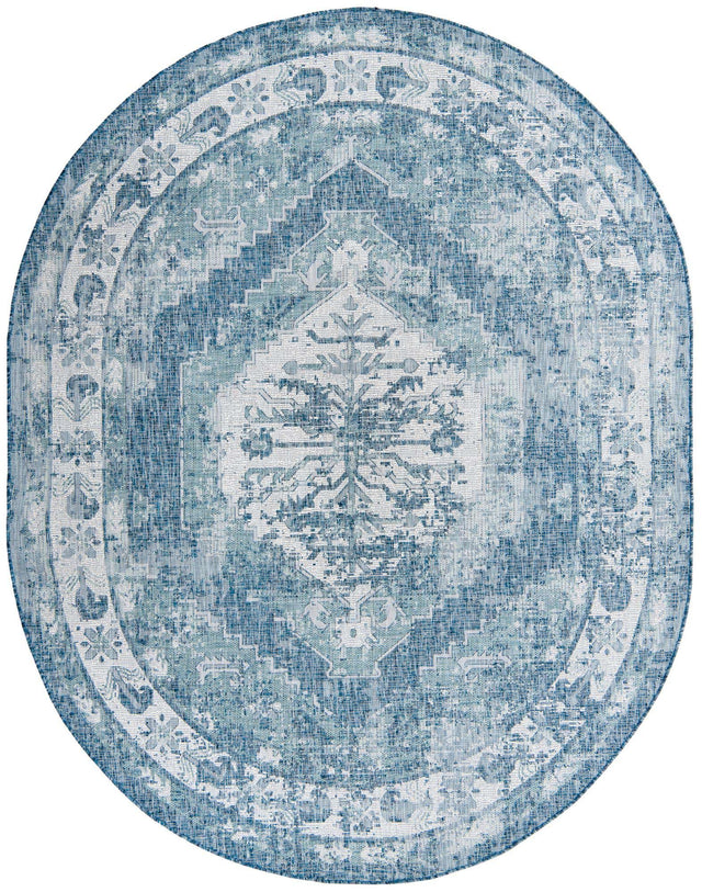 Blue 7' 10 x 10' Outdoor Traditional Oval Area Rug Weather Resistant for Patio, Deck, Terrace, Balcony, Porch Classical Design Outside Carpet for Sale at Rug Engine
