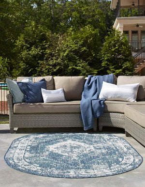 Blue 3' 1 x 5' 3 Outdoor Traditional Oval Area Rug Weather Resistant for Patio, Deck, Terrace, Balcony, Porch Classical Design Outside Carpet for Sale at Rug Engine
