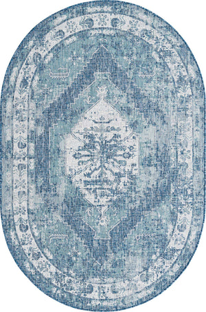 Blue 5' 3 x 8' Outdoor Traditional Oval Area Rug Weather Resistant for Patio, Deck, Terrace, Balcony, Porch Classical Design Outside Carpet for Sale at Rug Engine