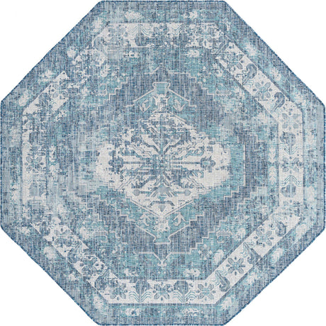 Blue 7' 10 x 7' 10 Outdoor Traditional Octagon Area Rug Weather Resistant for Patio, Deck, Terrace, Balcony, Porch Classical Design Outside Carpet for Sale at Rug Engine