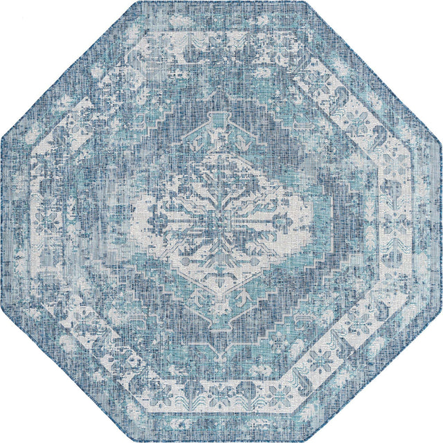 Blue 7' 10 x 7' 10 Outdoor Traditional Octagon Area Rug Weather Resistant for Patio, Deck, Terrace, Balcony, Porch Classical Design Outside Carpet for Sale at Rug Engine