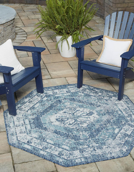 Blue 7' 10 x 7' 10 Outdoor Traditional Octagon Area Rug Weather Resistant for Patio, Deck, Terrace, Balcony, Porch Classical Design Outside Carpet for Sale at Rug Engine