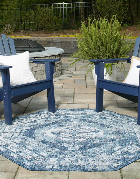 Blue 5' 3 x 5' 3 Outdoor Traditional Octagon Area Rug Weather Resistant for Patio, Deck, Terrace, Balcony, Porch Classical Design Outside Carpet for Sale at Rug Engine