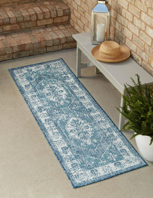 Blue 2' x 6' 1 Outdoor Traditional Runner Area Rug Weather Resistant for Patio, Deck, Terrace, Balcony, Porch Classical Design Outside Carpet for Sale at Rug Engine
