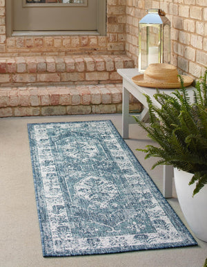 Blue 2' x 6' 1 Outdoor Traditional Runner Area Rug Weather Resistant for Patio, Deck, Terrace, Balcony, Porch Classical Design Outside Carpet for Sale at Rug Engine