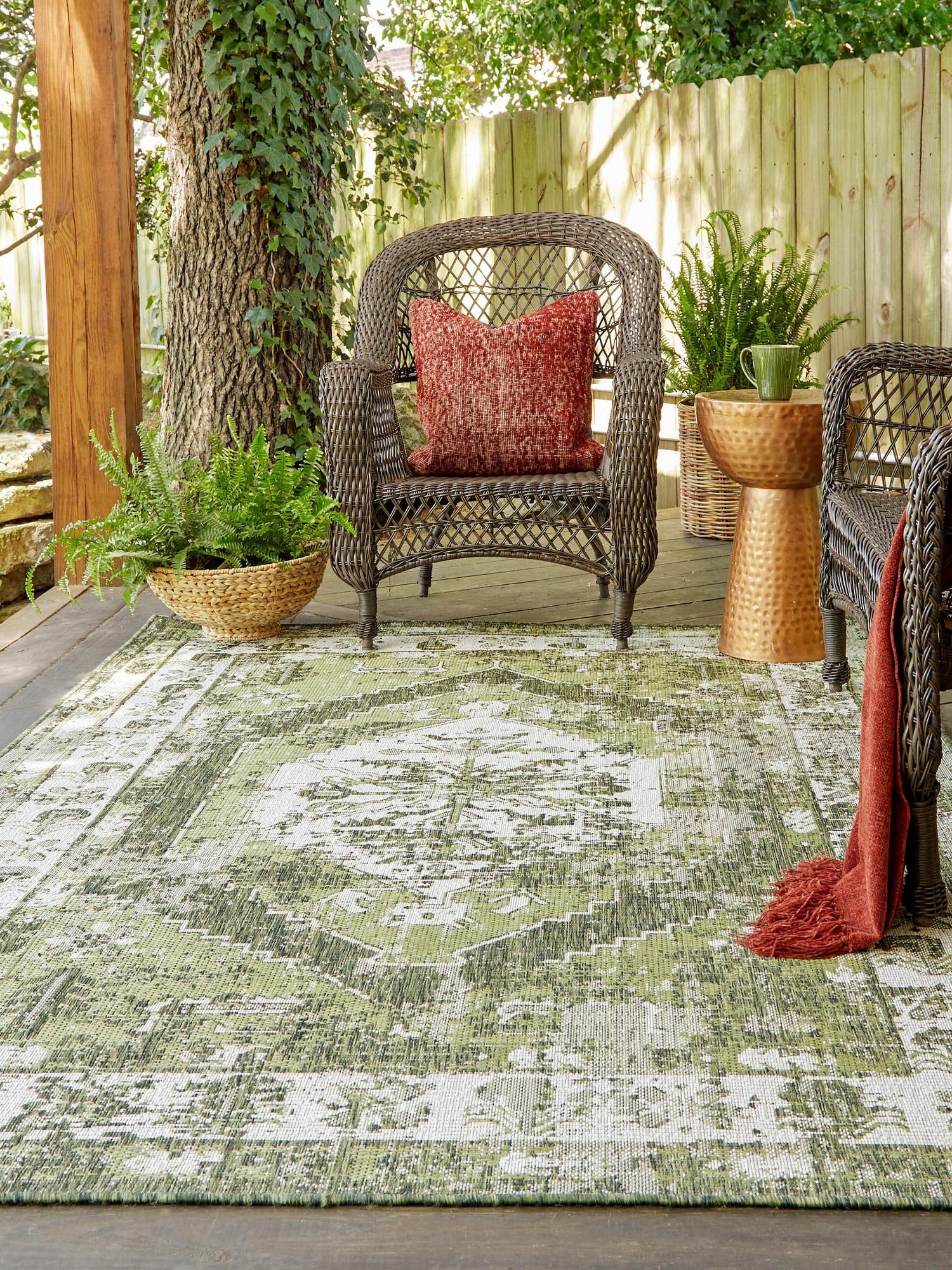 Green 5' 3 x 8' Outdoor Traditional Rectangle Area Rug Weather Resistant for Patio, Deck, Terrace, Balcony, Porch Classical Design Outside Carpet for Sale at Rug Engine