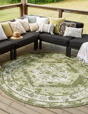 Green 3' 1 x 3' 1 Outdoor Traditional Round Area Rug Weather Resistant for Patio, Deck, Terrace, Balcony, Porch Classical Design Outside Carpet for Sale at Rug Engine