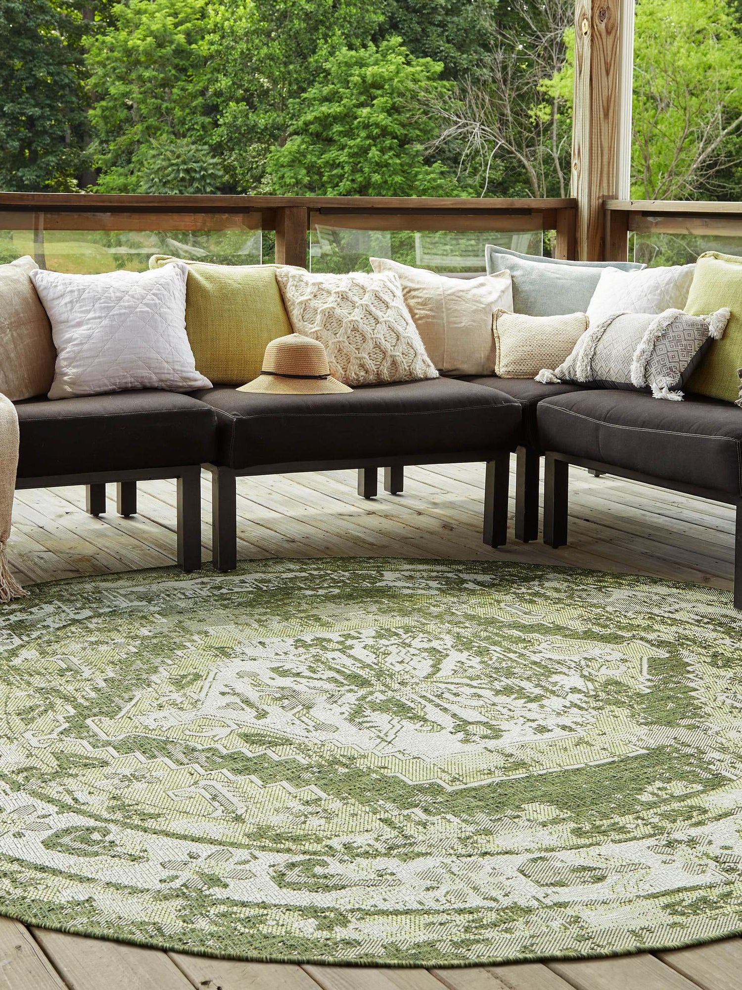 Green 10' x 10' Outdoor Traditional Round Area Rug Weather Resistant for Patio, Deck, Terrace, Balcony, Porch Classical Design Outside Carpet for Sale at Rug Engine