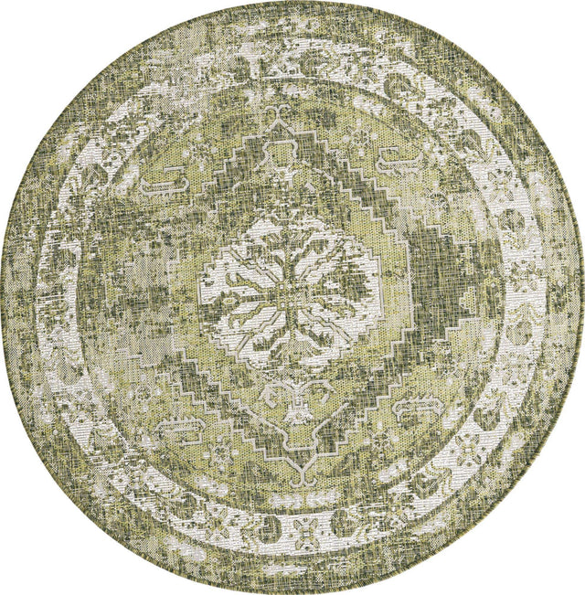 Green 5' 3 x 5' 3 Outdoor Traditional Round Area Rug Weather Resistant for Patio, Deck, Terrace, Balcony, Porch Classical Design Outside Carpet for Sale at Rug Engine