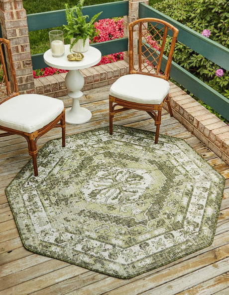 Green 7' 10 x 7' 10 Outdoor Traditional Octagon Area Rug Weather Resistant for Patio, Deck, Terrace, Balcony, Porch Classical Design Outside Carpet for Sale at Rug Engine