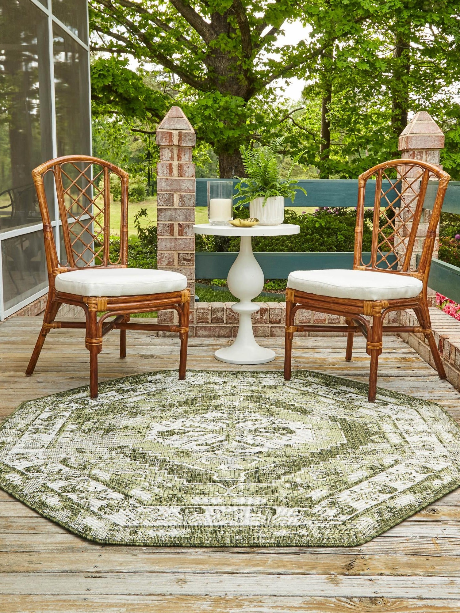Green 7' 10 x 7' 10 Outdoor Traditional Octagon Area Rug Weather Resistant for Patio, Deck, Terrace, Balcony, Porch Classical Design Outside Carpet for Sale at Rug Engine