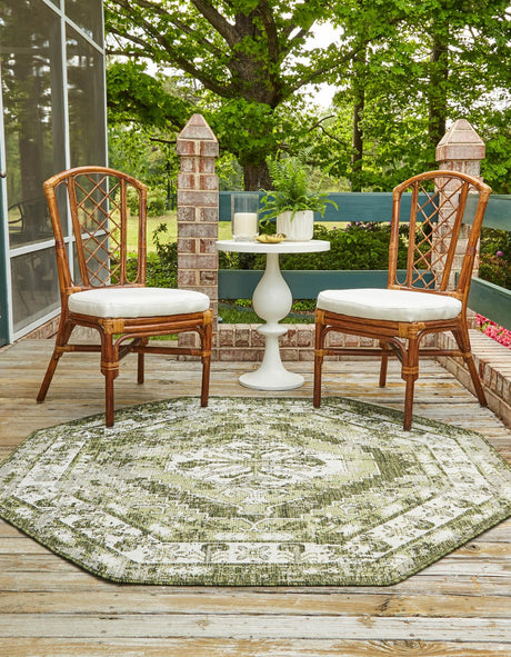 Green 7' 10 x 7' 10 Outdoor Traditional Octagon Area Rug Weather Resistant for Patio, Deck, Terrace, Balcony, Porch Classical Design Outside Carpet for Sale at Rug Engine