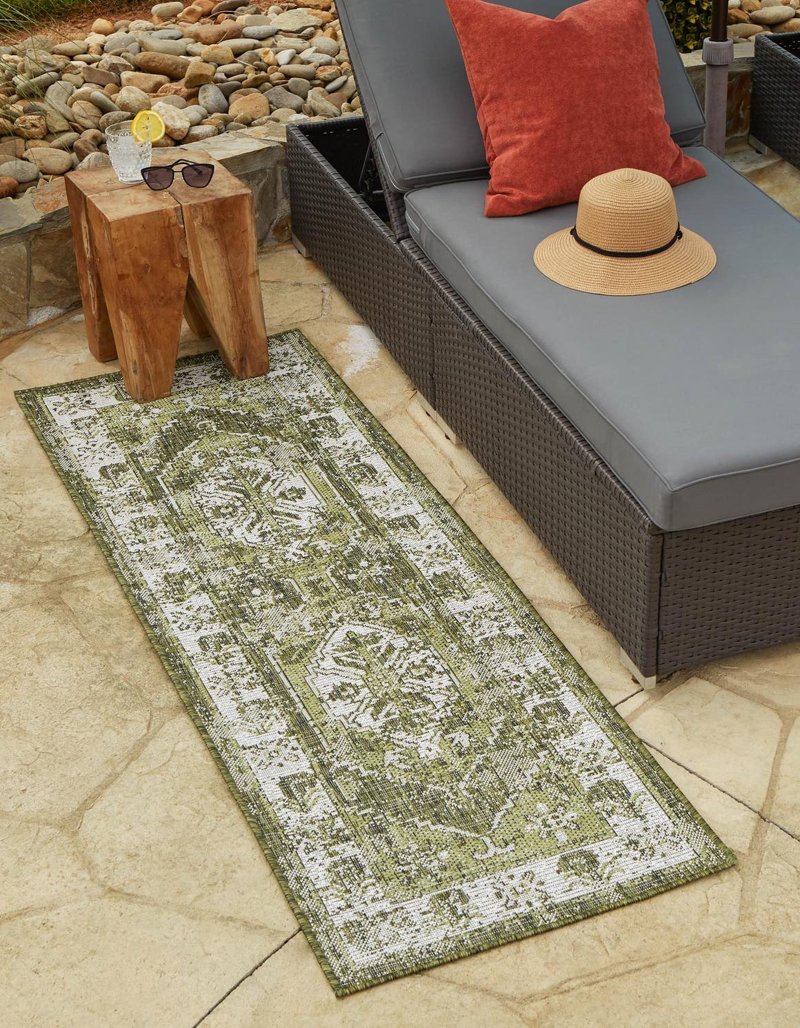 Green 2' x 8' Outdoor Traditional Runner Area Rug Weather Resistant for Patio, Deck, Terrace, Balcony, Porch Classical Design Outside Carpet for Sale at Rug Engine