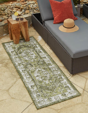 Green 2' x 8' Outdoor Traditional Runner Area Rug Weather Resistant for Patio, Deck, Terrace, Balcony, Porch Classical Design Outside Carpet for Sale at Rug Engine