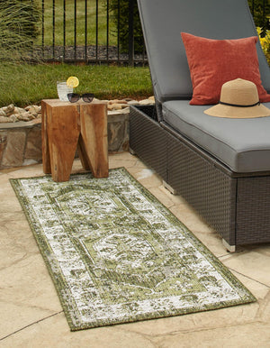 Green 2' 7 x 12' Outdoor Traditional Runner Area Rug Weather Resistant for Patio, Deck, Terrace, Balcony, Porch Classical Design Outside Carpet for Sale at Rug Engine