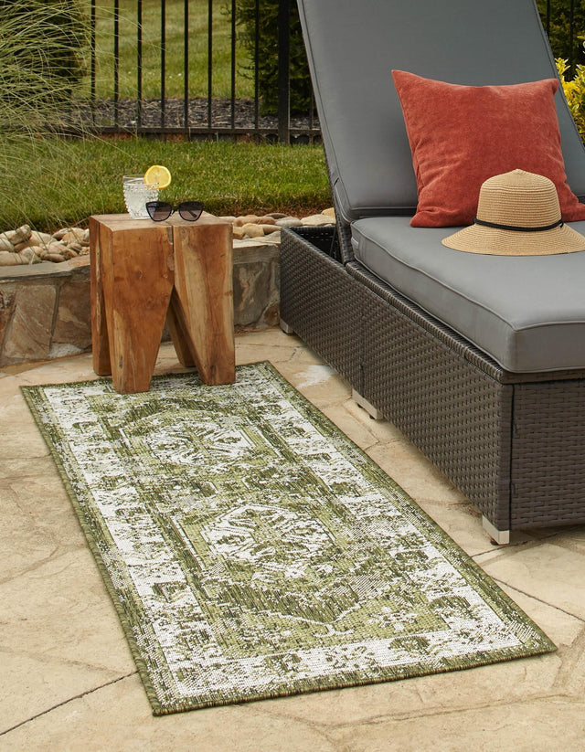 Green 2' 7 x 12' Outdoor Traditional Runner Area Rug Weather Resistant for Patio, Deck, Terrace, Balcony, Porch Classical Design Outside Carpet for Sale at Rug Engine