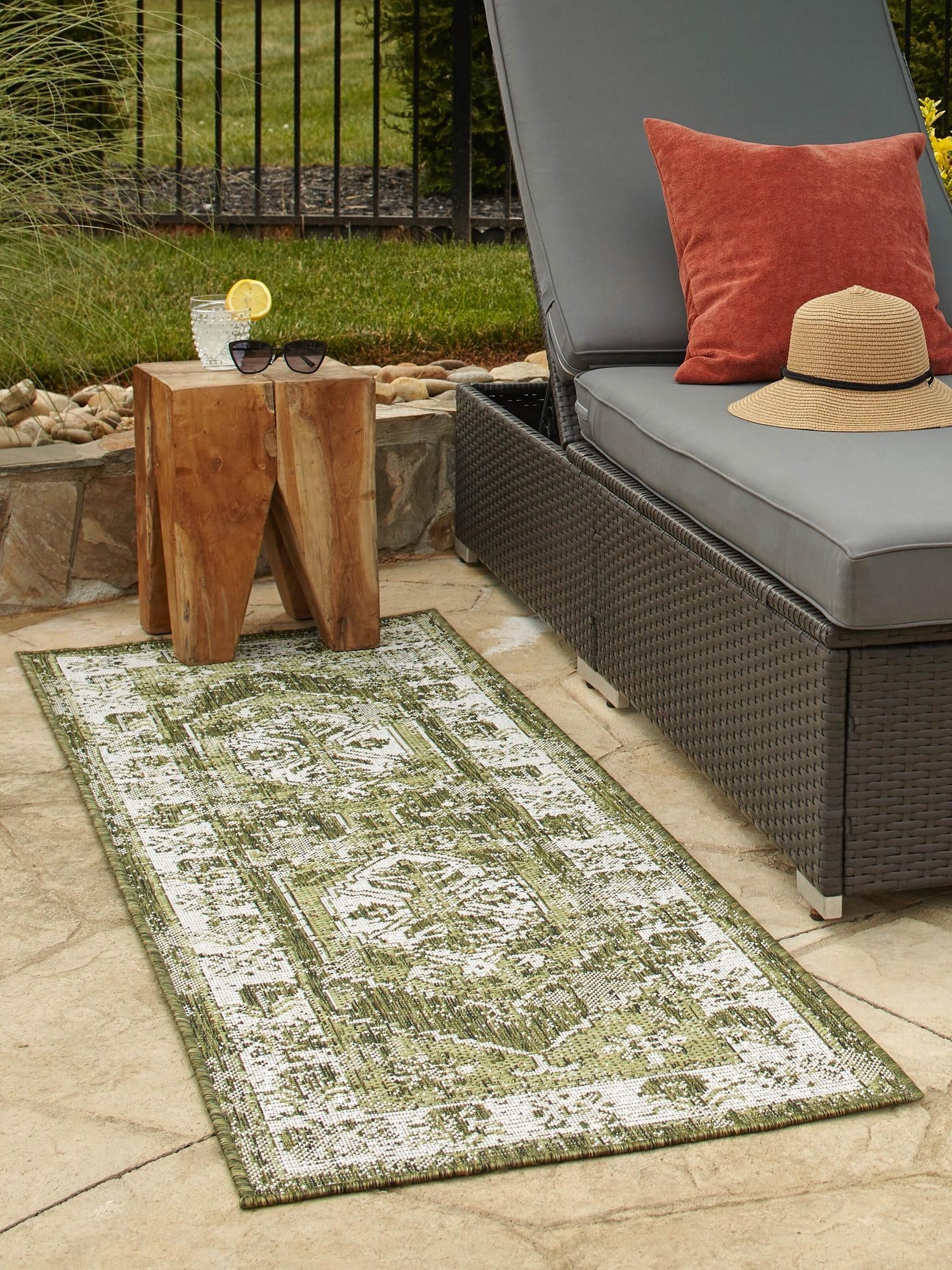 Green 2' x 8' Outdoor Traditional Runner Area Rug Weather Resistant for Patio, Deck, Terrace, Balcony, Porch Classical Design Outside Carpet for Sale at Rug Engine
