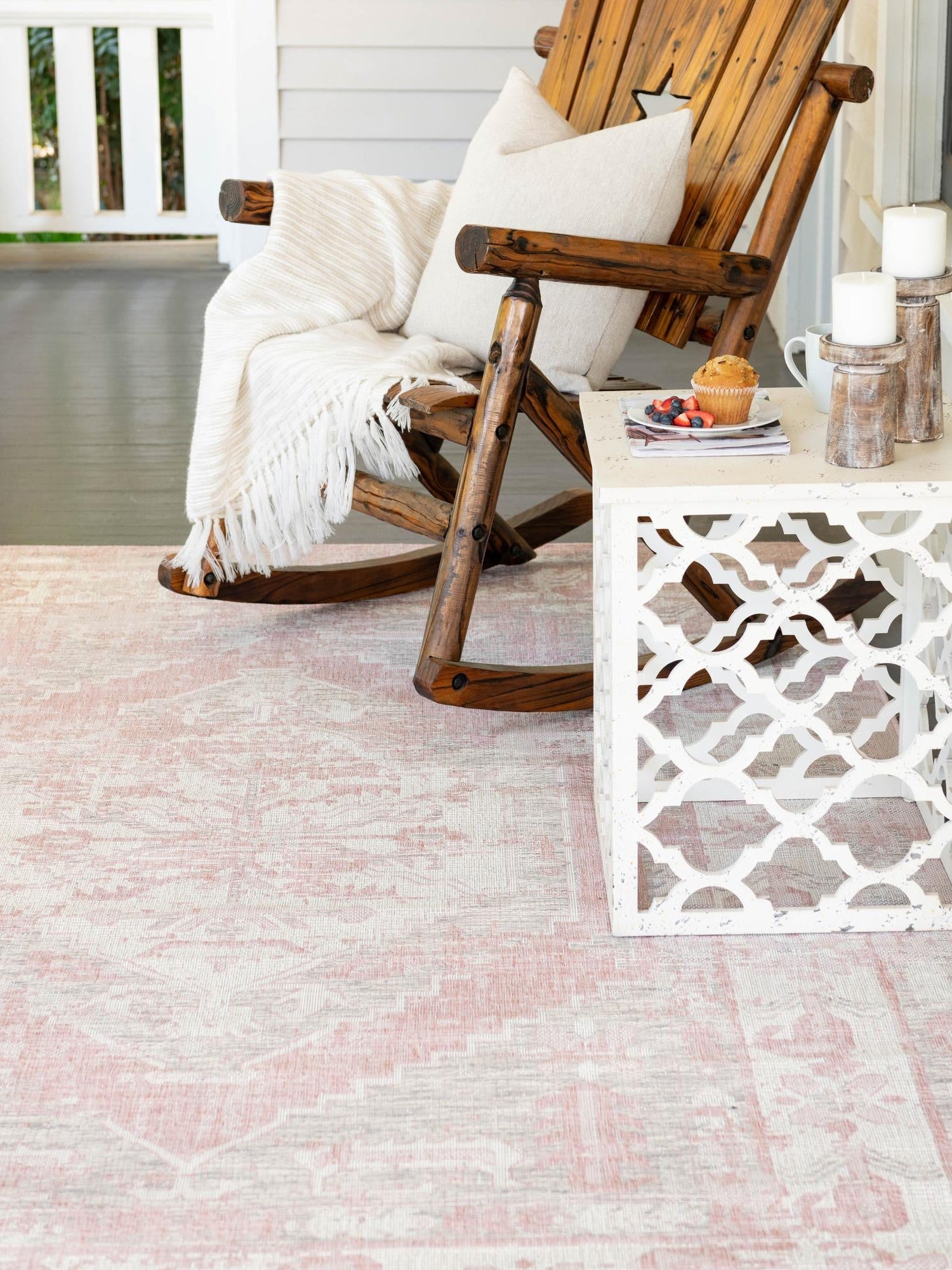 Pink 6' 1 x 9' Outdoor Traditional Rectangle Area Rug Weather Resistant for Patio, Deck, Terrace, Balcony, Porch Classical Design Outside Carpet for Sale at Rug Engine