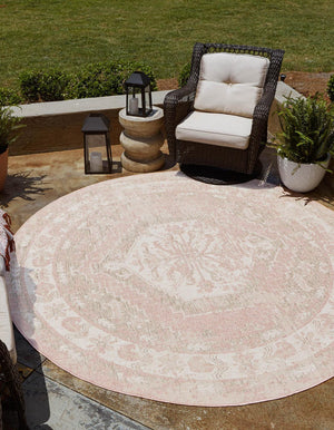 Pink 7' 10 x 7' 10 Outdoor Traditional Round Area Rug Weather Resistant for Patio, Deck, Terrace, Balcony, Porch Classical Design Outside Carpet for Sale at Rug Engine