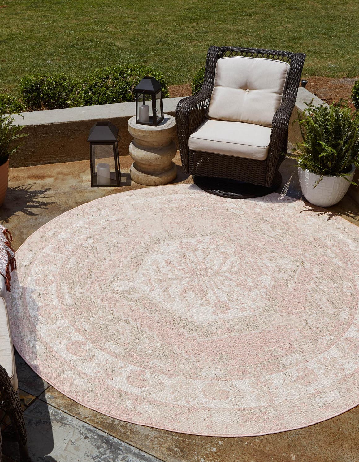 Pink 5' 3 x 5' 3 Outdoor Traditional Round Area Rug Weather Resistant for Patio, Deck, Terrace, Balcony, Porch Classical Design Outside Carpet for Sale at Rug Engine