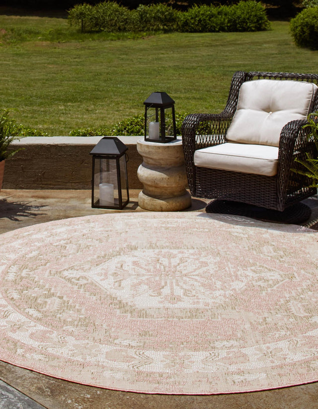 Pink 7' 10 x 7' 10 Outdoor Traditional Round Area Rug Weather Resistant for Patio, Deck, Terrace, Balcony, Porch Classical Design Outside Carpet for Sale at Rug Engine