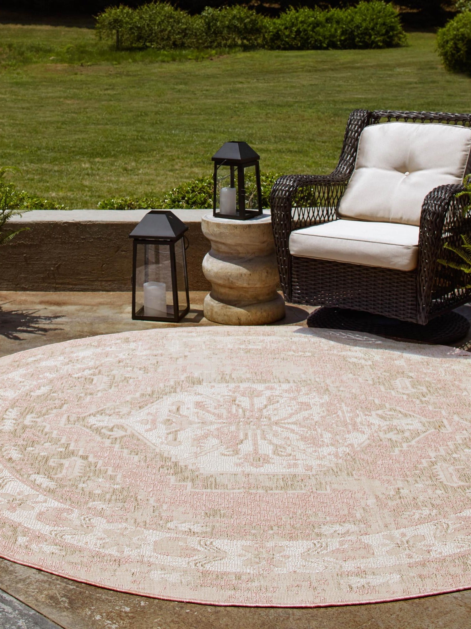 Pink 5' 3 x 5' 3 Outdoor Traditional Round Area Rug Weather Resistant for Patio, Deck, Terrace, Balcony, Porch Classical Design Outside Carpet for Sale at Rug Engine