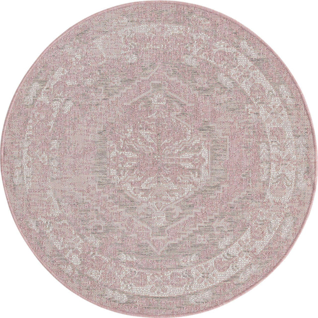 Pink 4' 1 x 4' 1 Outdoor Traditional Round Area Rug Weather Resistant for Patio, Deck, Terrace, Balcony, Porch Classical Design Outside Carpet for Sale at Rug Engine