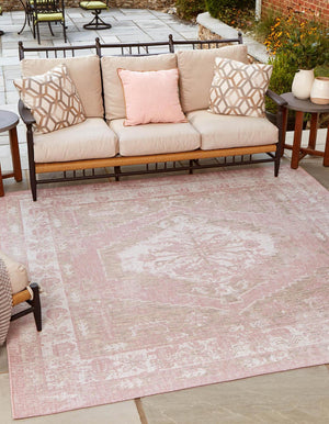 Pink 7' 10 x 7' 10 Outdoor Traditional Square Area Rug Weather Resistant for Patio, Deck, Terrace, Balcony, Porch Classical Design Outside Carpet for Sale at Rug Engine
