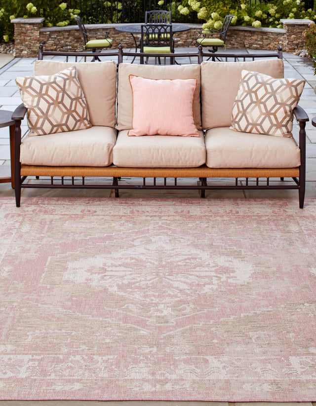 Pink 7' 10 x 7' 10 Outdoor Traditional Square Area Rug Weather Resistant for Patio, Deck, Terrace, Balcony, Porch Classical Design Outside Carpet for Sale at Rug Engine