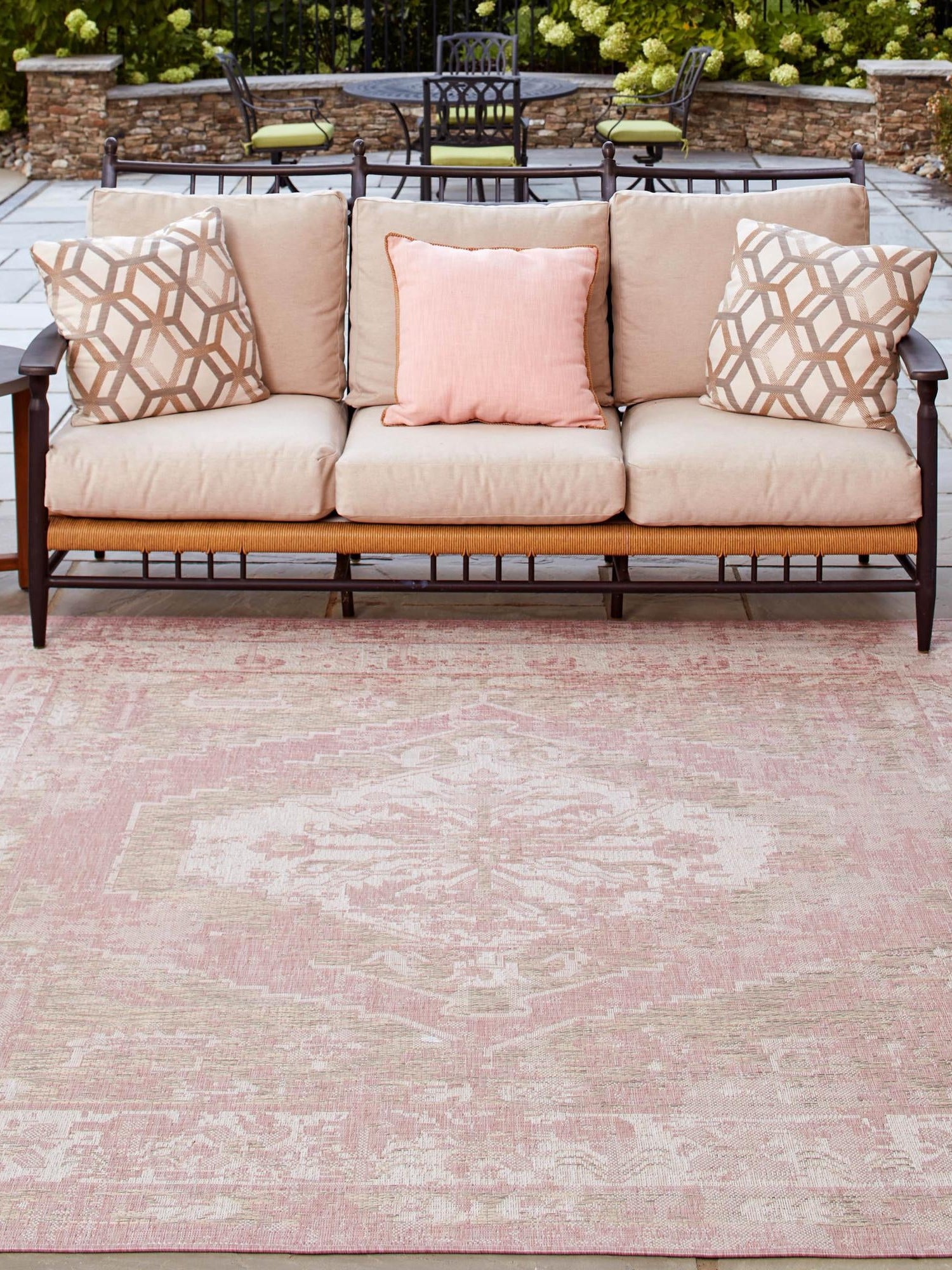 Pink 13' 1 x 13' 1 Outdoor Traditional Square Area Rug Weather Resistant for Patio, Deck, Terrace, Balcony, Porch Classical Design Outside Carpet for Sale at Rug Engine