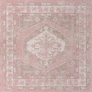 Pink 7' 10 x 7' 10 Outdoor Traditional Square Area Rug Weather Resistant for Patio, Deck, Terrace, Balcony, Porch Classical Design Outside Carpet for Sale at Rug Engine
