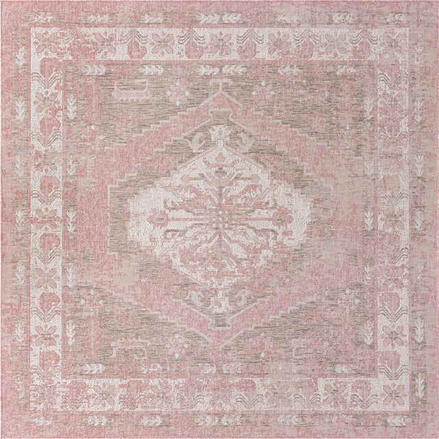 Pink 7' 10 x 7' 10 Outdoor Traditional Square Area Rug Weather Resistant for Patio, Deck, Terrace, Balcony, Porch Classical Design Outside Carpet for Sale at Rug Engine