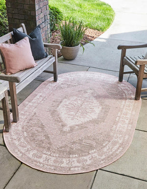 Pink 5' 3 x 8' Outdoor Traditional Oval Area Rug Weather Resistant for Patio, Deck, Terrace, Balcony, Porch Classical Design Outside Carpet for Sale at Rug Engine