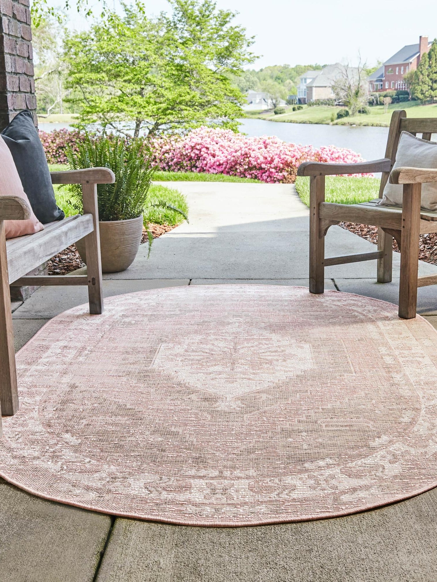 Pink 3' 1 x 5' 3 Outdoor Traditional Oval Area Rug Weather Resistant for Patio, Deck, Terrace, Balcony, Porch Classical Design Outside Carpet for Sale at Rug Engine