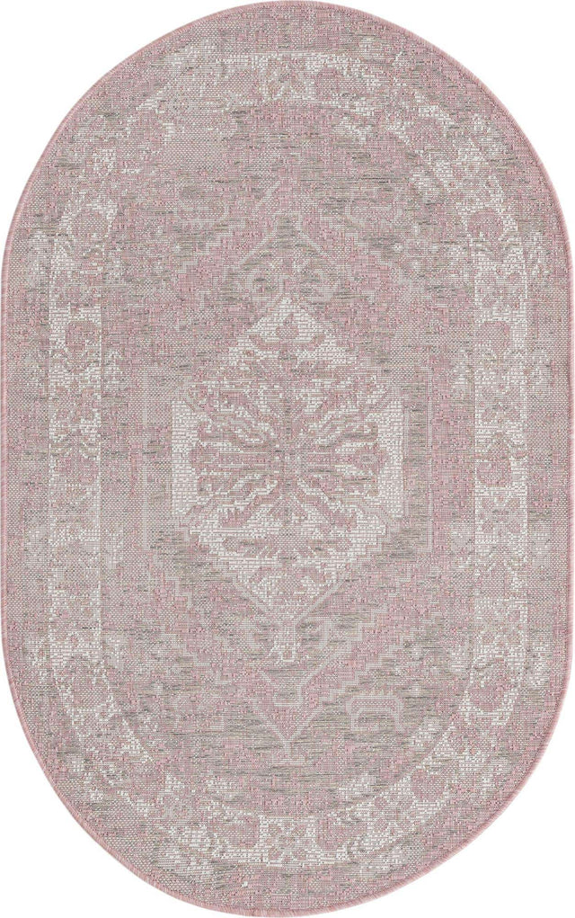 Pink 3' 1 x 5' 3 Outdoor Traditional Oval Area Rug Weather Resistant for Patio, Deck, Terrace, Balcony, Porch Classical Design Outside Carpet for Sale at Rug Engine