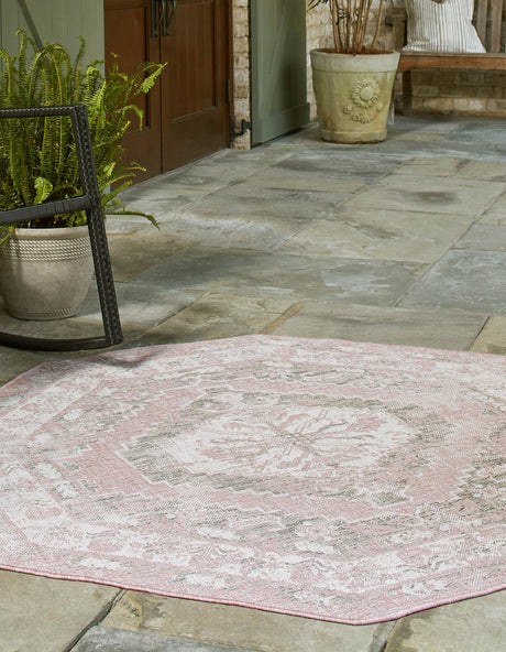Pink 7' 10 x 7' 10 Outdoor Traditional Octagon Area Rug Weather Resistant for Patio, Deck, Terrace, Balcony, Porch Classical Design Outside Carpet for Sale at Rug Engine