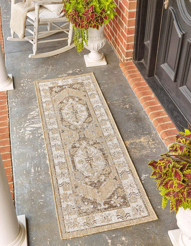Natural 2' 7 x 12' Outdoor Traditional Runner Area Rug Weather Resistant for Patio, Deck, Terrace, Balcony, Porch Classical Design Outside Carpet for Sale at Rug Engine