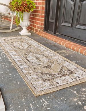 Natural 2' 7 x 12' Outdoor Traditional Runner Area Rug Weather Resistant for Patio, Deck, Terrace, Balcony, Porch Classical Design Outside Carpet for Sale at Rug Engine