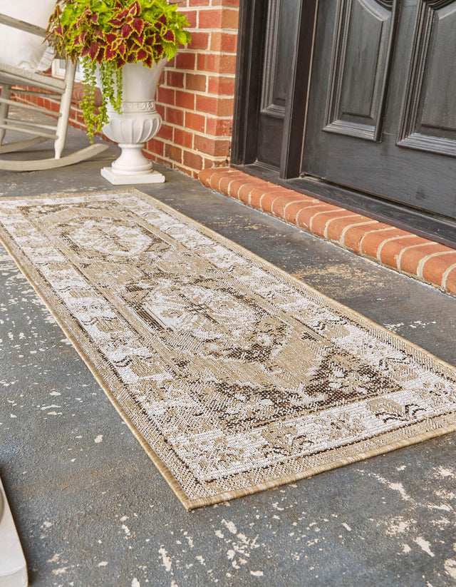 Natural 2' 7 x 12' Outdoor Traditional Runner Area Rug Weather Resistant for Patio, Deck, Terrace, Balcony, Porch Classical Design Outside Carpet for Sale at Rug Engine