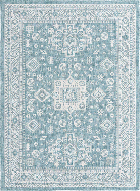 Aqua 8' x 11' Outdoor Aztec Rectangle Rug
