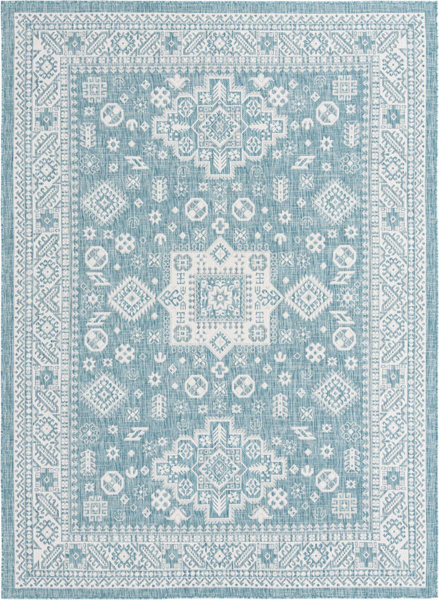 Aqua 8' x 11' Outdoor Aztec Rectangle Rug